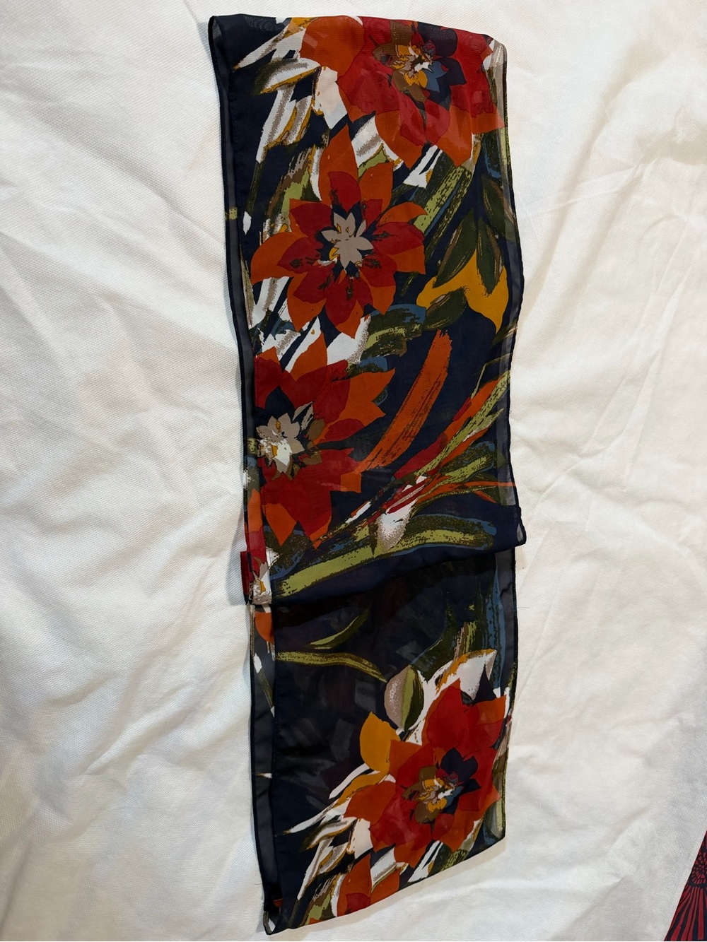 Floral Sheer Scarf in Navy with Red & Mustard Blooms